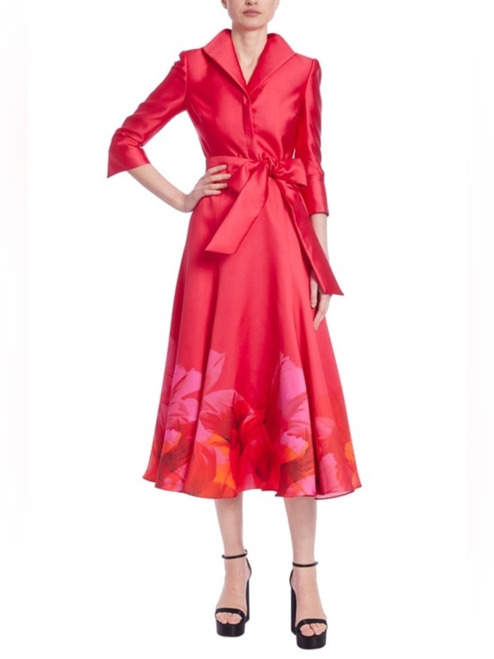 Badgley Mischka Belted Floral Satin Shirtdress Size 10 | $750